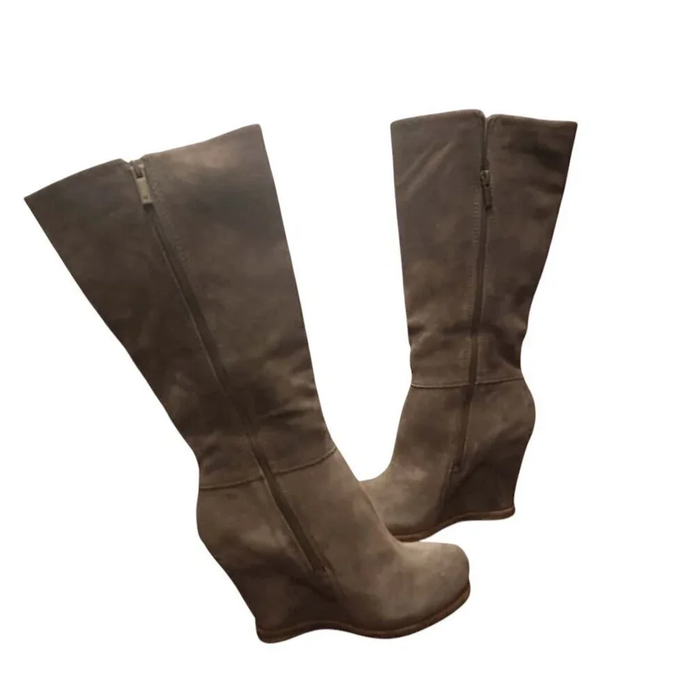 Lucky Brand Wedge Heel Boots Women's Brown Suede Leather Size 8M Fits 6.5-7